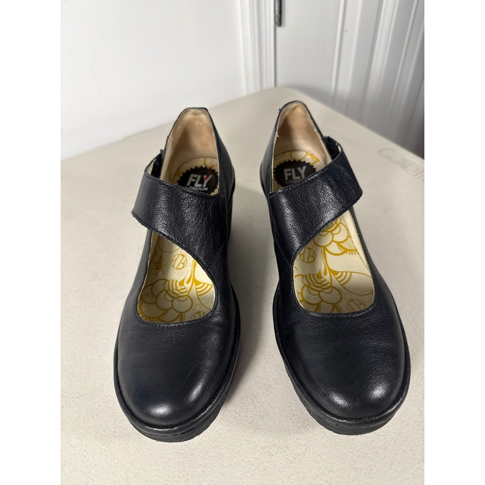 Fly London Black Leather Wedge Mary Jane Platform Shoes P500025058 Sz 39 or 9.